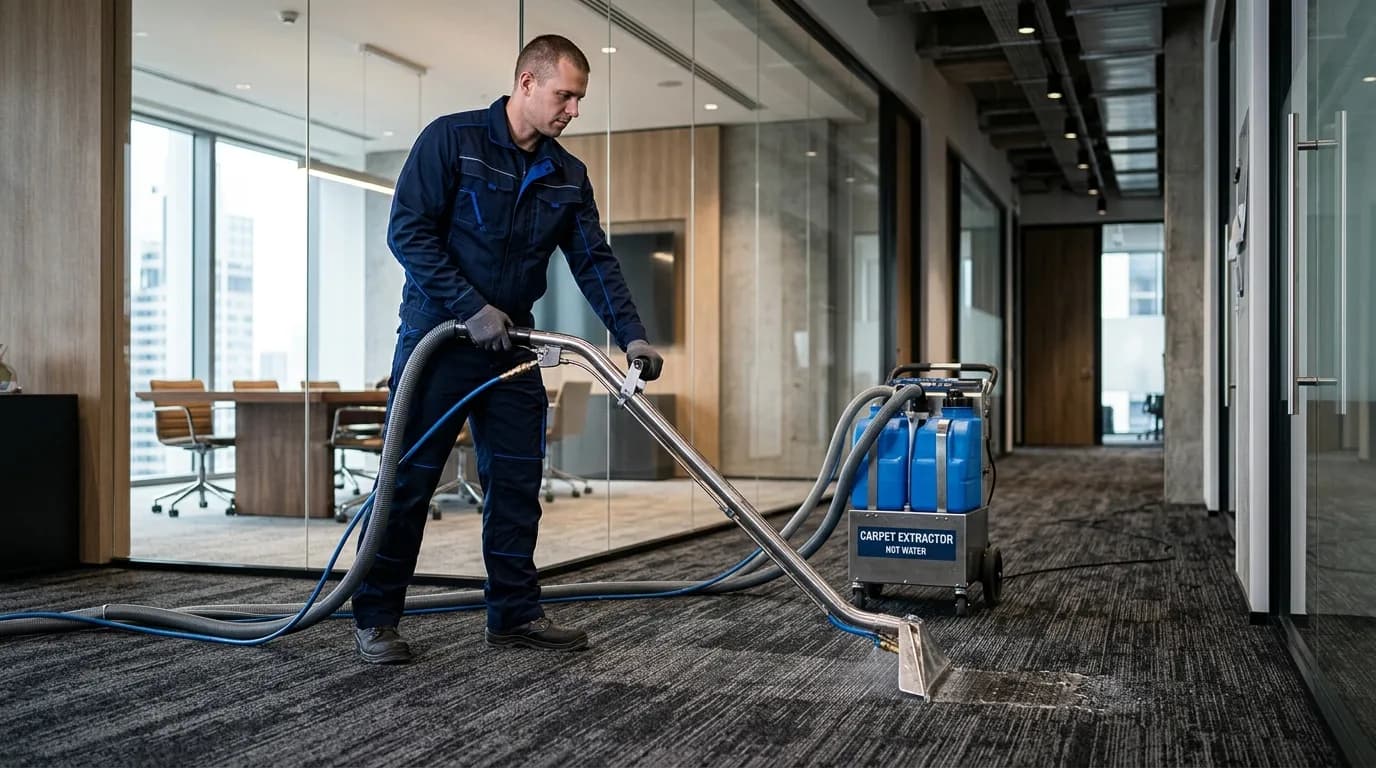Cleaning technician operating a hot-water carpet extraction machine in an office