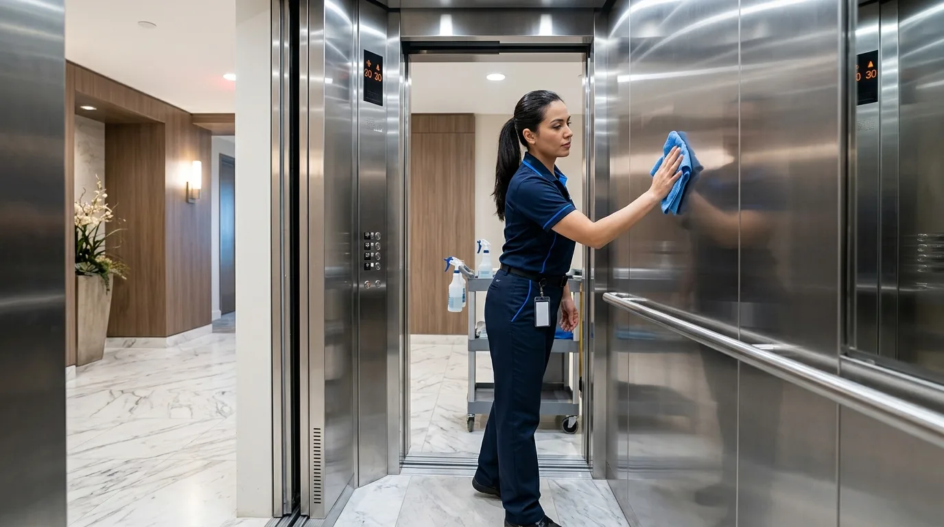 Cleaning technician wiping down an elevator interior in an upscale condominium building