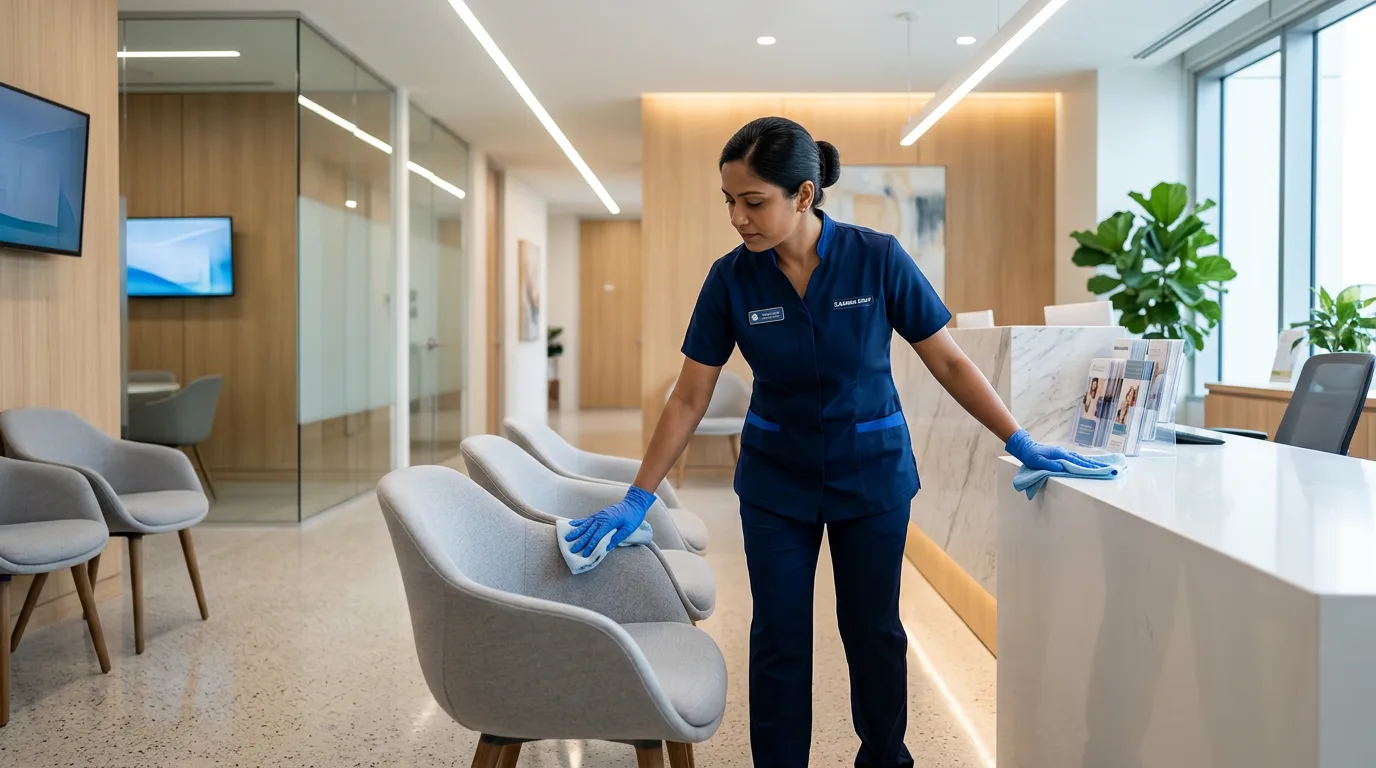 Cleaning technician wiping down a modern medical clinic waiting room