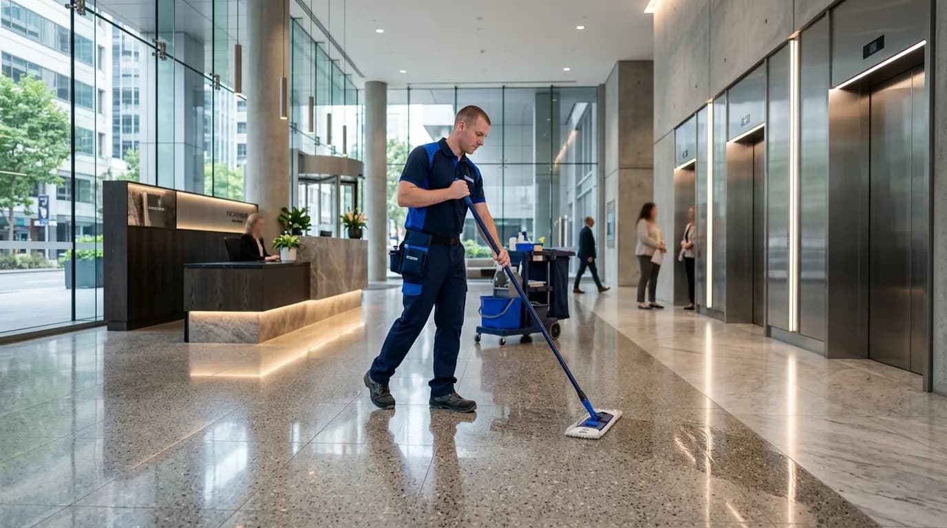 Cleaning technician mopping a polished lobby floor of a modern office building