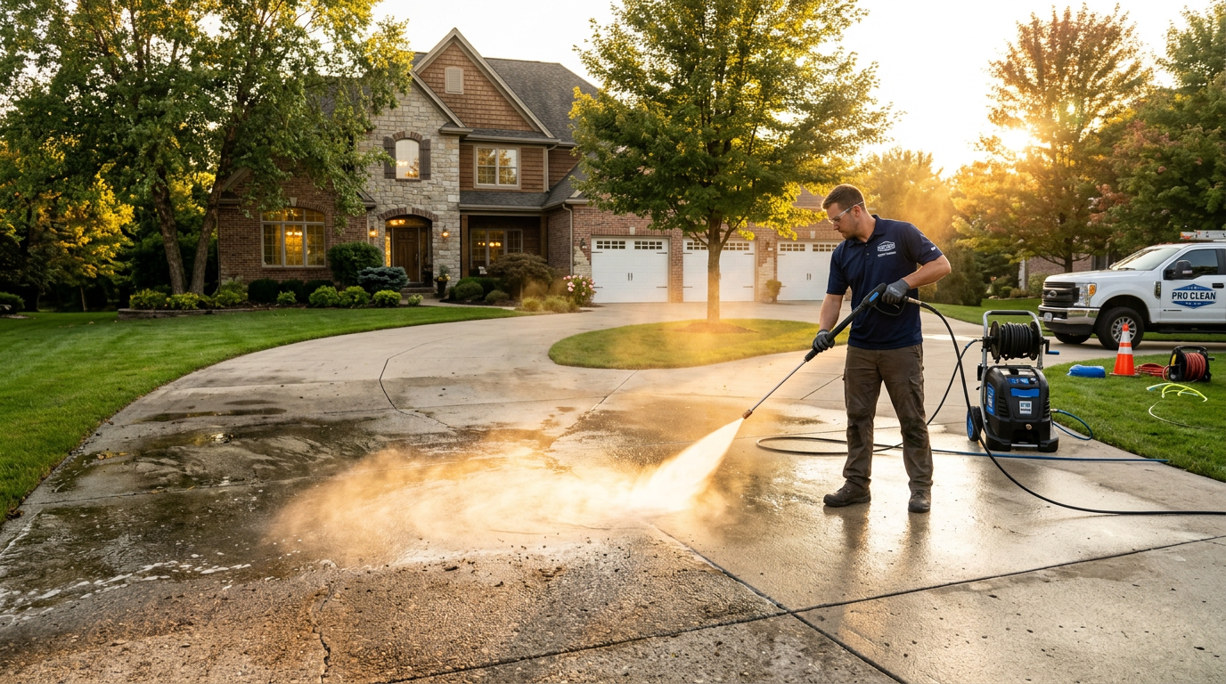 A pressure washer cleaning a driveway, then a technician squeegeeing a window streak-free.