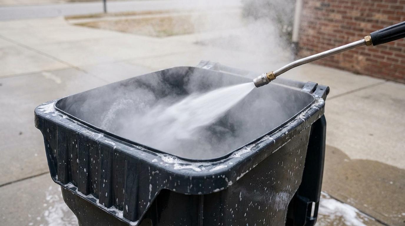 A high-pressure wand washing and sanitizing the inside of a trash bin.