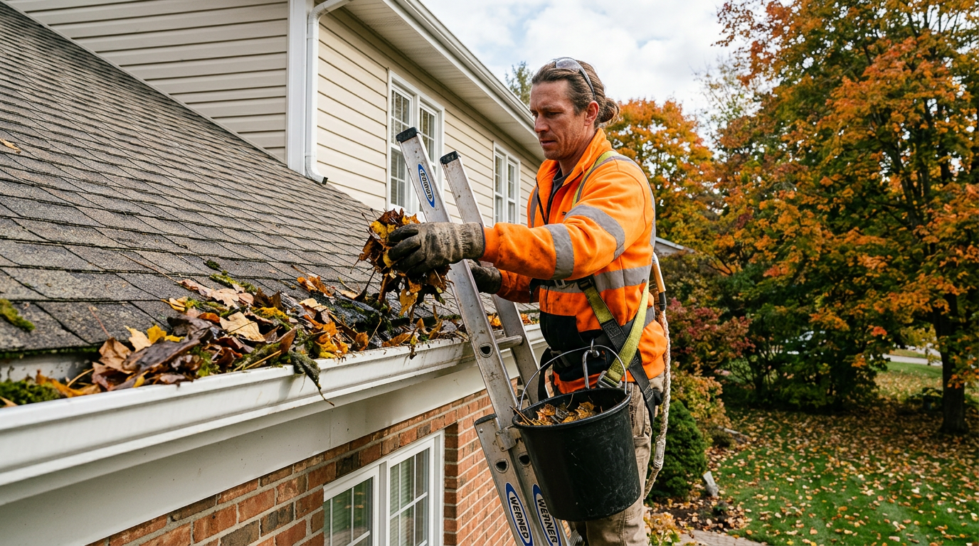 A technician on a ladder clearing debris from a gutter.