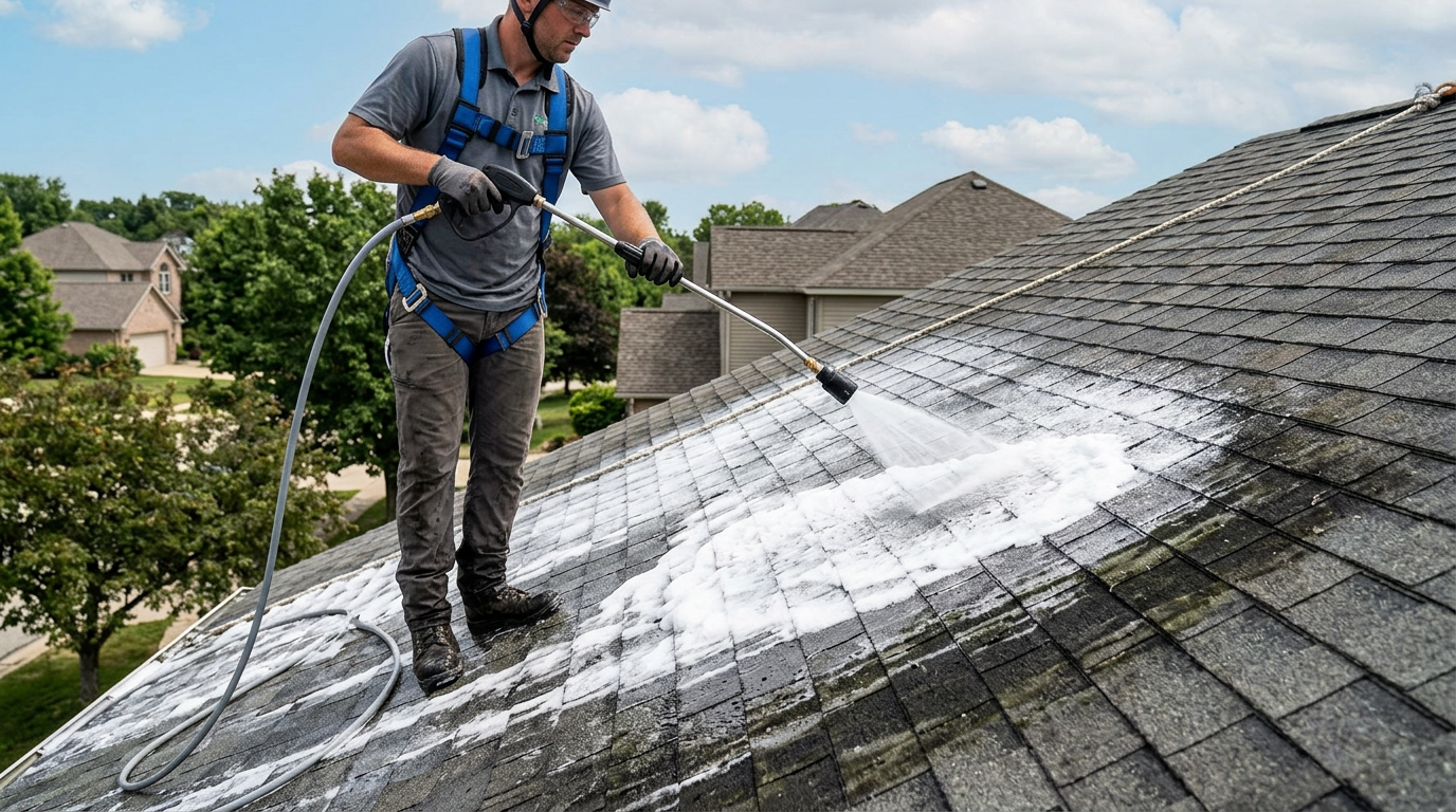 Soft-wash foam cleaning algae streaks off an asphalt shingle roof.