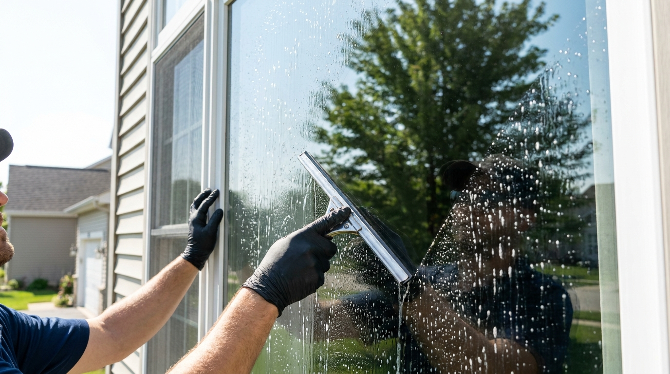 A technician squeegeeing a large exterior window streak-free.